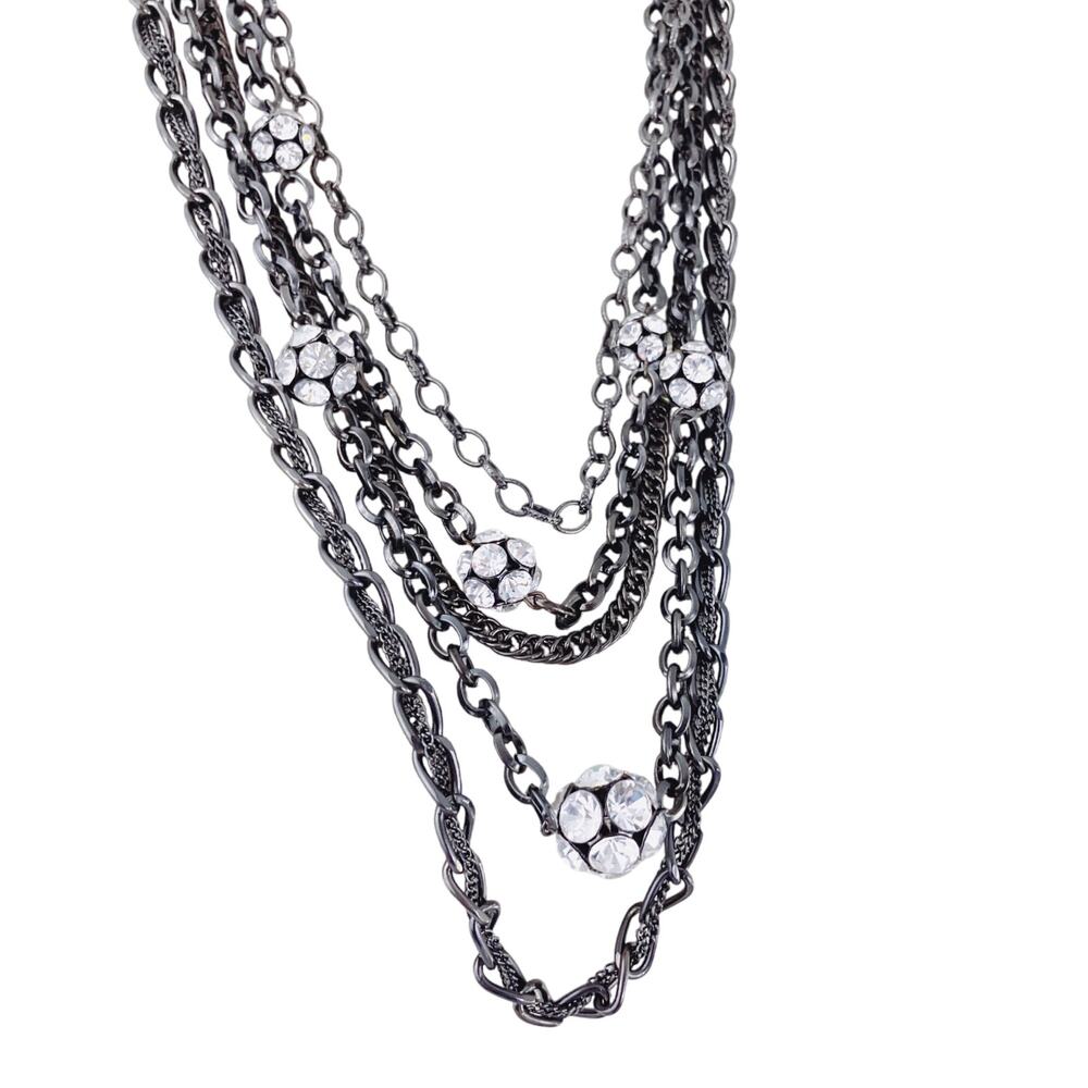 Signed VCLM Multi-Strand Gunmetal Chain Necklace with Crystal Ball Accents